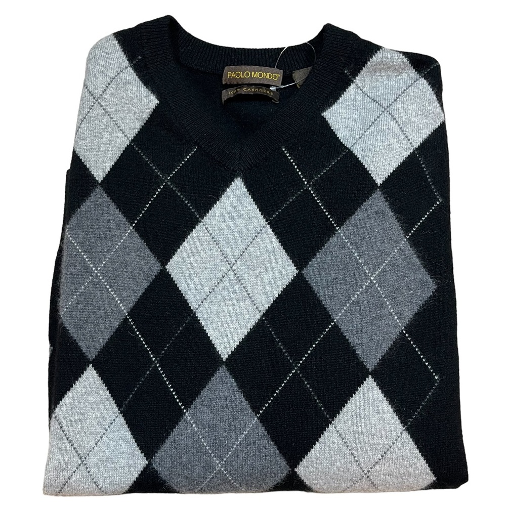 Men’s Paolo Mondo Cashmere Sweater Black Argyle Crew Neck Long Sleeve Pullover - Picture 8 of 11